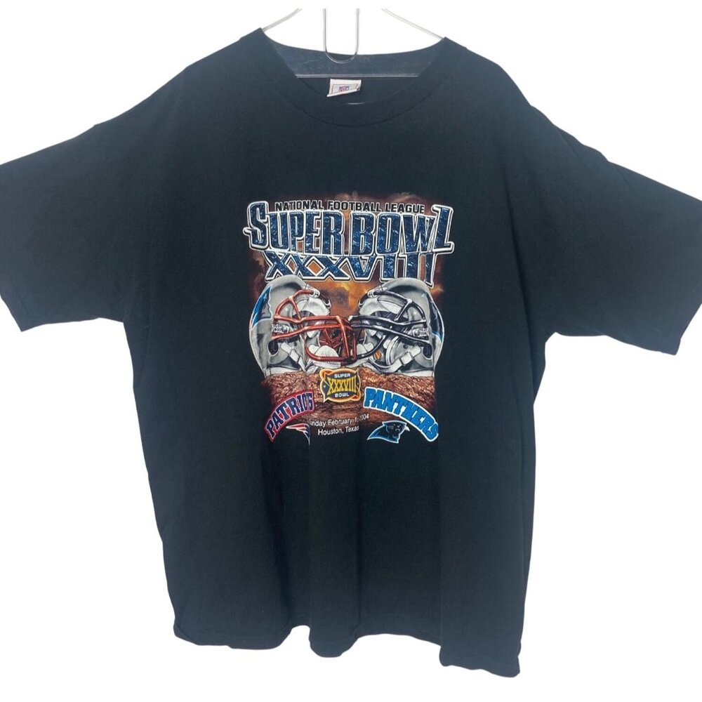 NFL Super Bowl XXXVIII Patriots Vs Panthers Tee Mens 2XL Houston 2004 Black